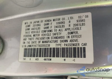 2008 Honda Accord 2.4 Ex z USA, uszkodzony, nr VIN JHMCP26778C055238